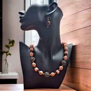 Pink Beaded Hand Painted Ceramic Porcelain Metal Filigree Necklace/Earing Set